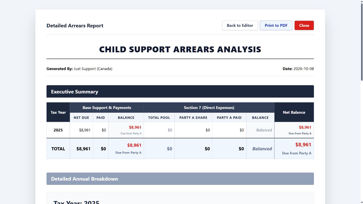 Just Support child support arrears analysis with annual balances and executive summary