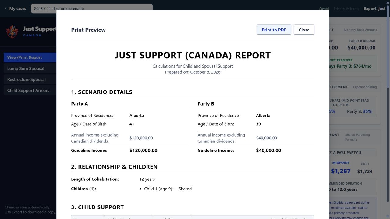 Just Support report preview with scenario, relationship, child support, and spousal support details